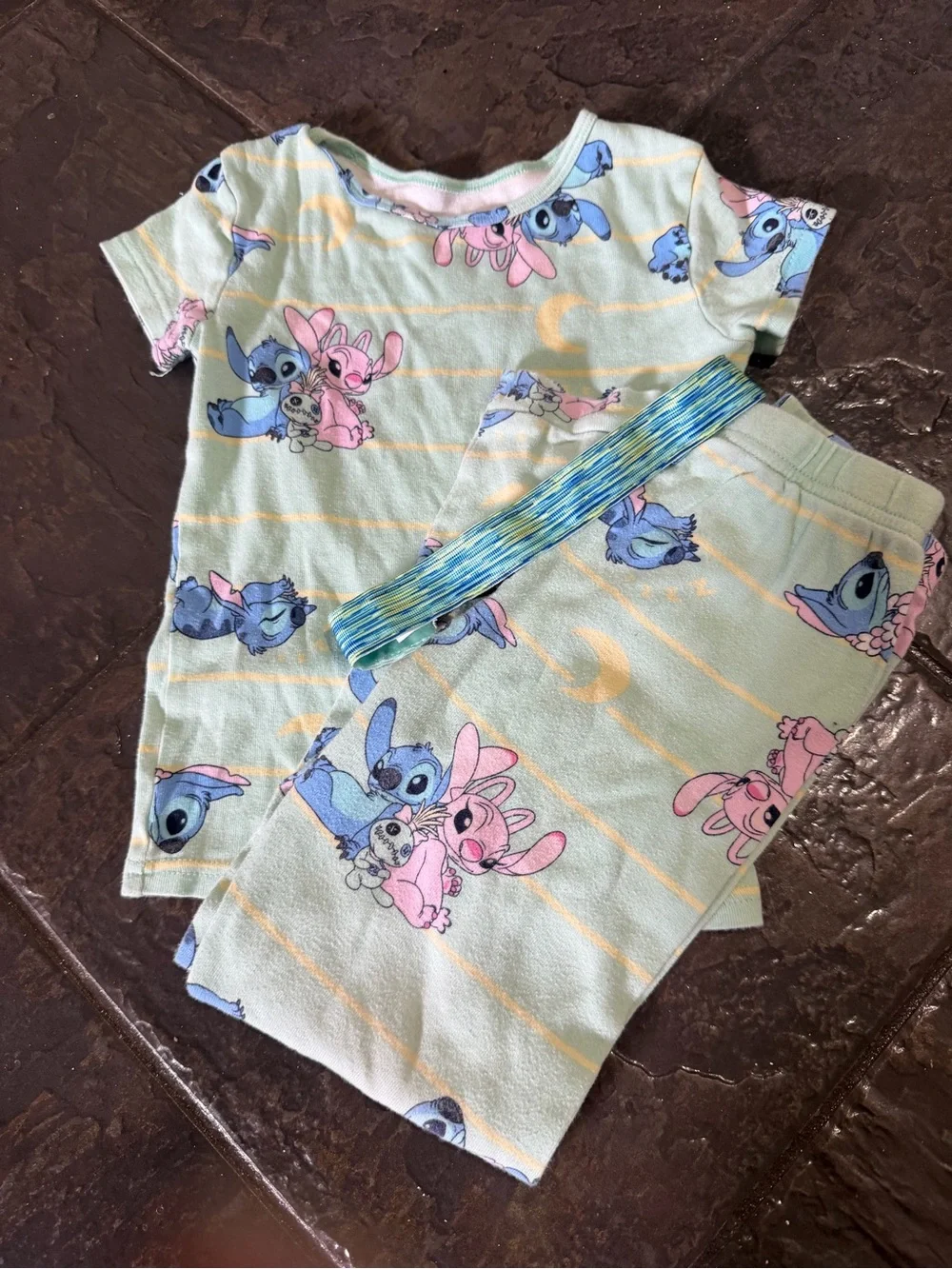 Disney Mint Green, Blue & Pink Stitch Short Sleeve Pajama Set Size 8